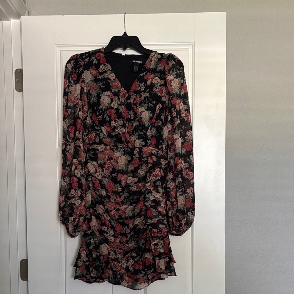Express Black and Red Floral Long Sleeve Dress